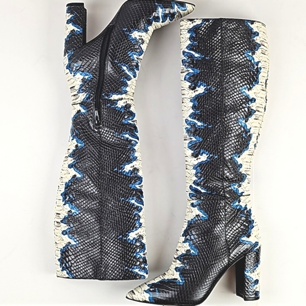 Gianni Bini Kellbie Leather Snakeskin Texture Black Cream Blue Heeled Tall Boot - Picture 9 of 16
